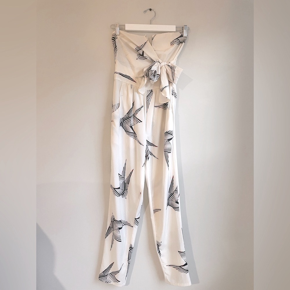 Rule of Etiquette Cream Abstract Bird Print Strapless Jumpsuit with Tie Front